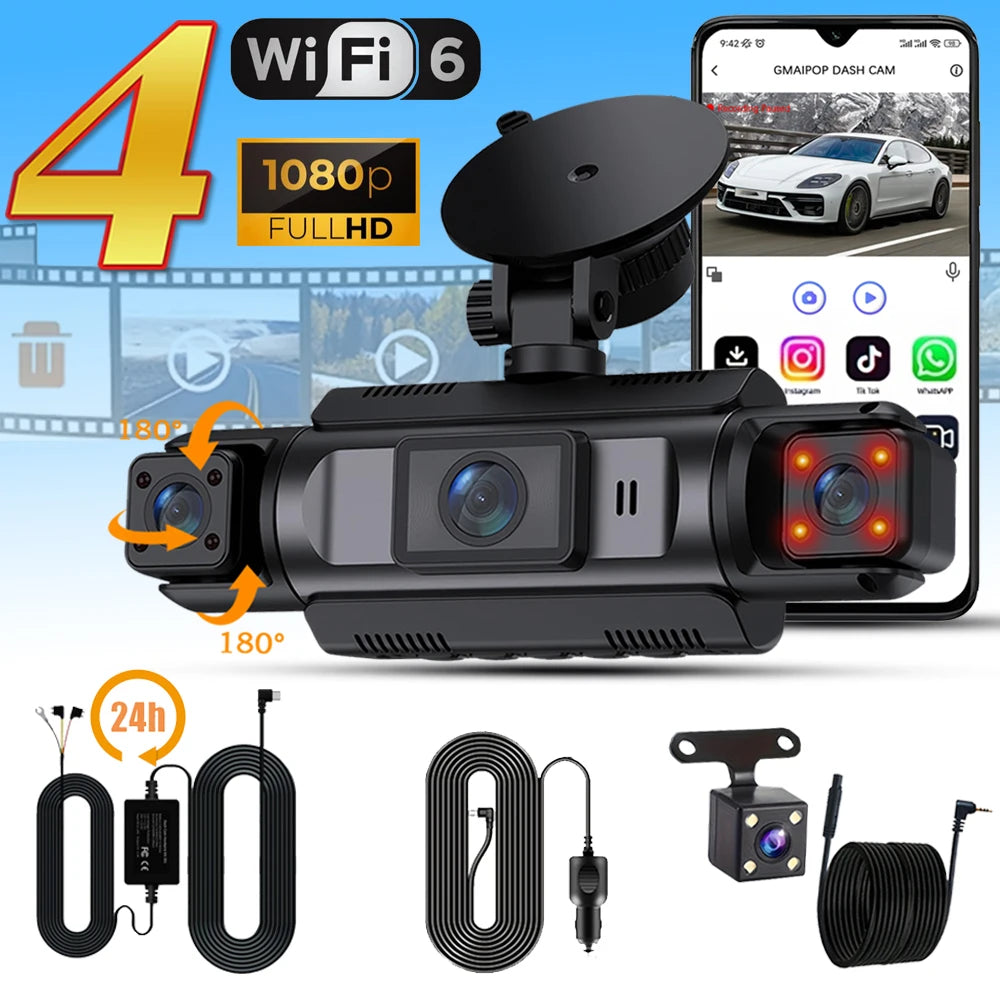4Ch WiFi Dashcam car camera Black Box Driving DVR FHD 1080P Front Left Right Rear Night Vision Loop Recording Hardwire kit