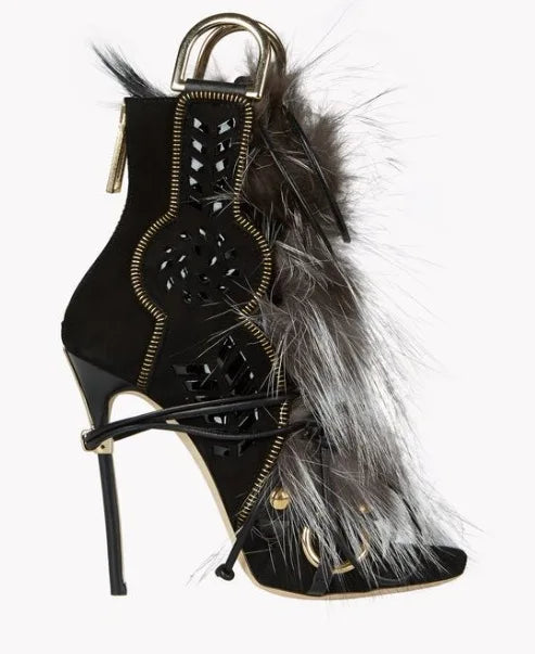 Thin High Heel Peep Toe Design Fluffy Sandals Women Fashion Strap Ankle Feather Sandals Zip Summer Show New Shoes Embroidery