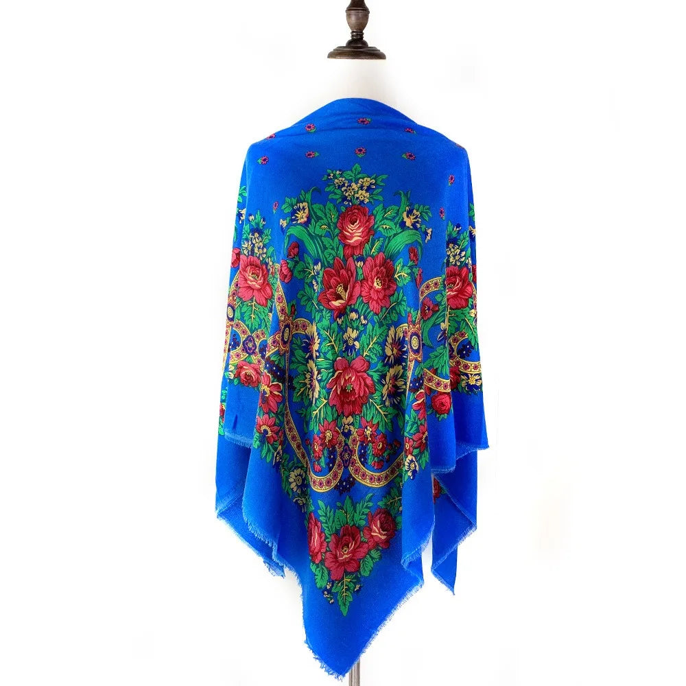 130×130cm Women's Shawl Scarves Thin Luxury Russian National Square Scarf Floral Print Breathable Ethnic Shawl Bandana Summer