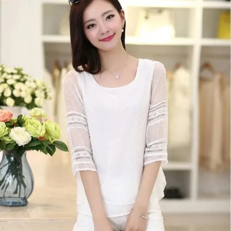 Womens Tops Fashion  Blouse Half Sleeve Chiffon Shirts Lace Stitching