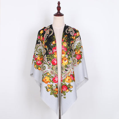 Russian Women Big Size Square Scarf Luxury Floral Print Bandana Wraps Female Retro Short Tassel National Shawl