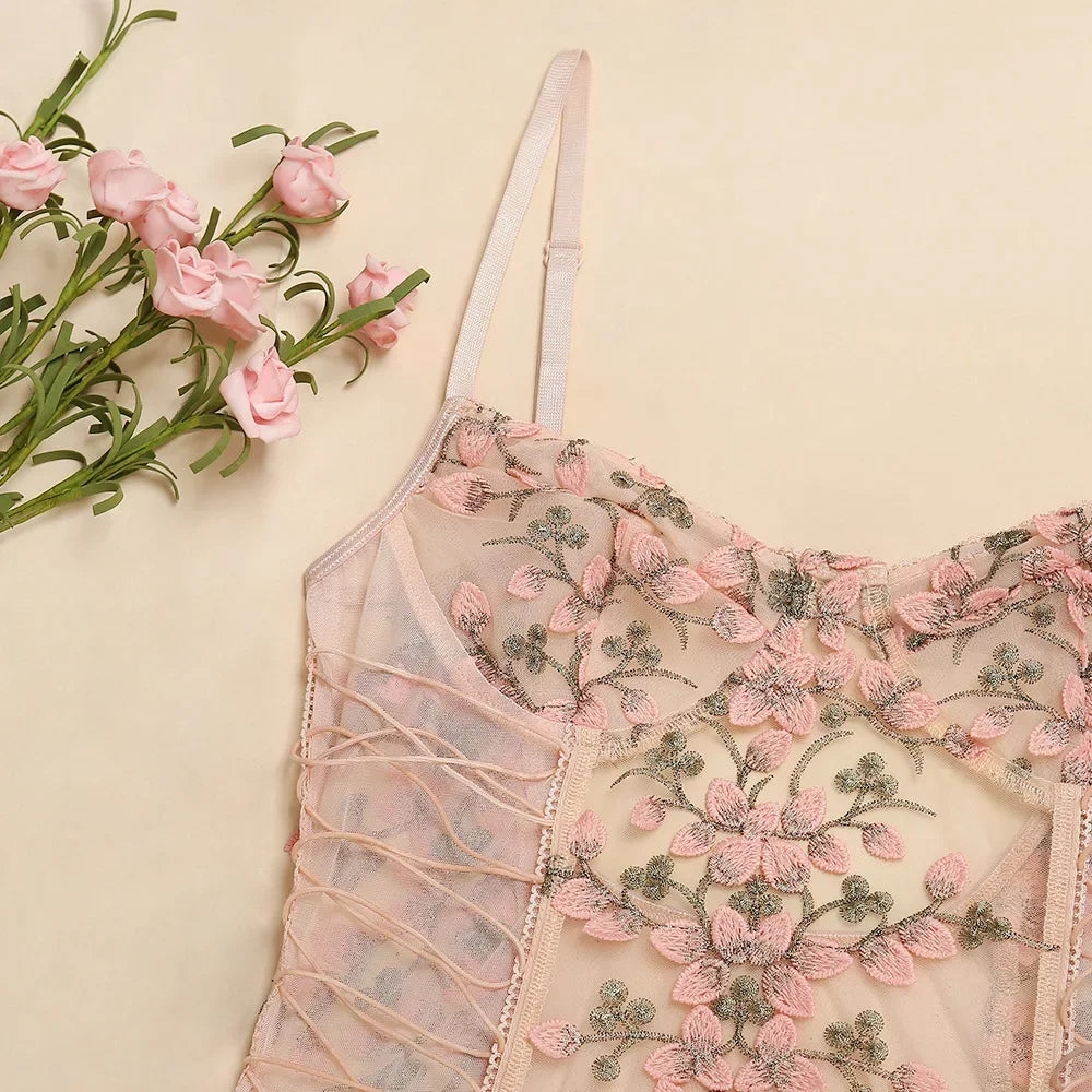 Porn Women Bandage Floral Embroidery Lace See Through Bodysuit String Lace Up Sexy Lingerie Romper Teddies Femme
