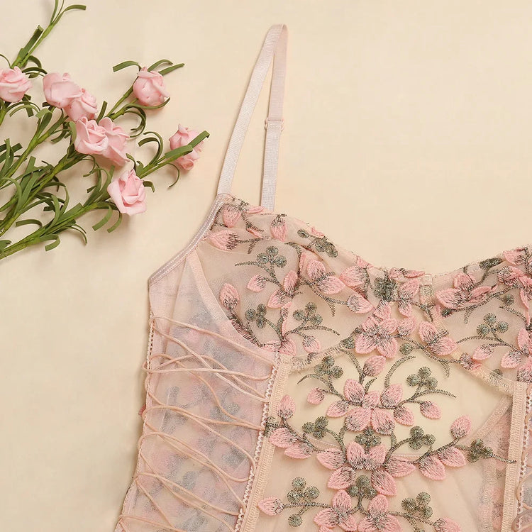 Porn Women Bandage Floral Embroidery Lace See Through Bodysuit String Lace Up Sexy Lingerie Romper Teddies Femme