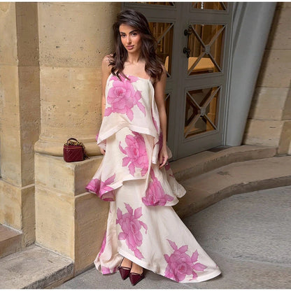 Women Printed V Neck Long Dress Flared Sleeve Lotus Leaf Edge High Waist Slim Fit Maxi Dresses Lady Elegant Evening Party Dress
