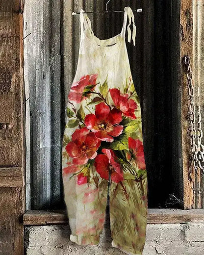 Vintage Style Jumpsuit Women Casual Floral Rompers Loose Boho Casual Jumpsuits Sleeveless Print Strappy Jumpsuit 2024 New