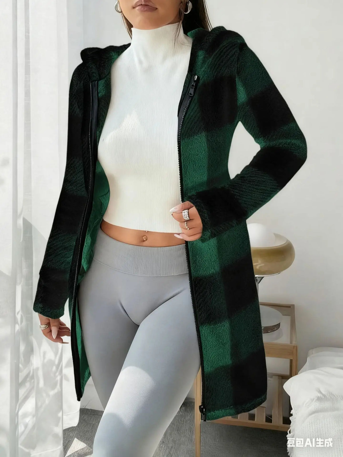 Womens Coats Winter Manteau Winter Warm Plush Pocket Coat Womens Plaid Print Hooded Long Zip Cardigan Sobretudo Feminino Inverno