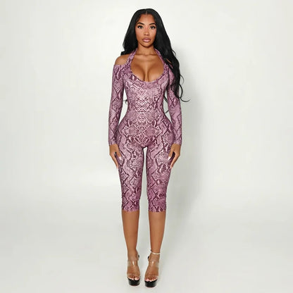 Sexy hot girl hanging neck, exposed back, slim fit, slimming jumpsuit, cropped pants