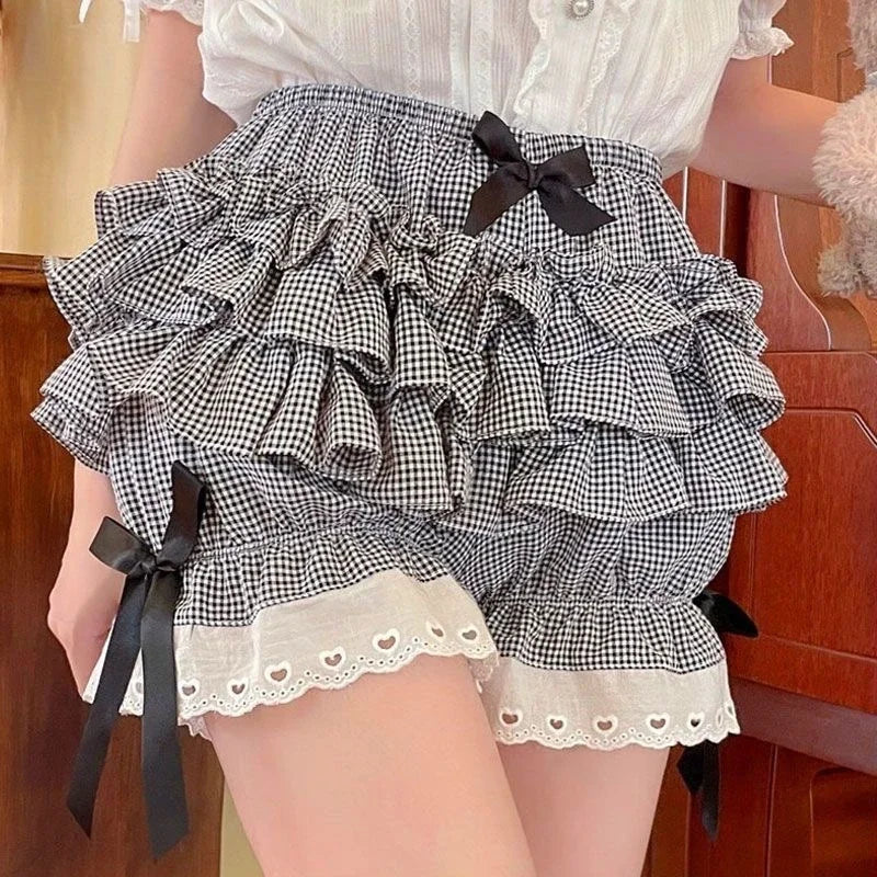 Pink Pleated panties woman pumpkin cute panties bow knot lolita safety shorts vintage pants victorian bloomers