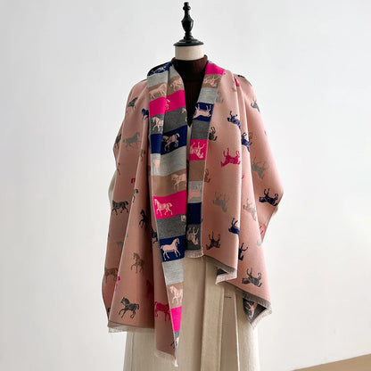Latest Design Elegance Horse Print Scarve Pashmina Soft Warm Fringe Pashmina Shawl Winter Coldproof Windproof Blanket Scraf