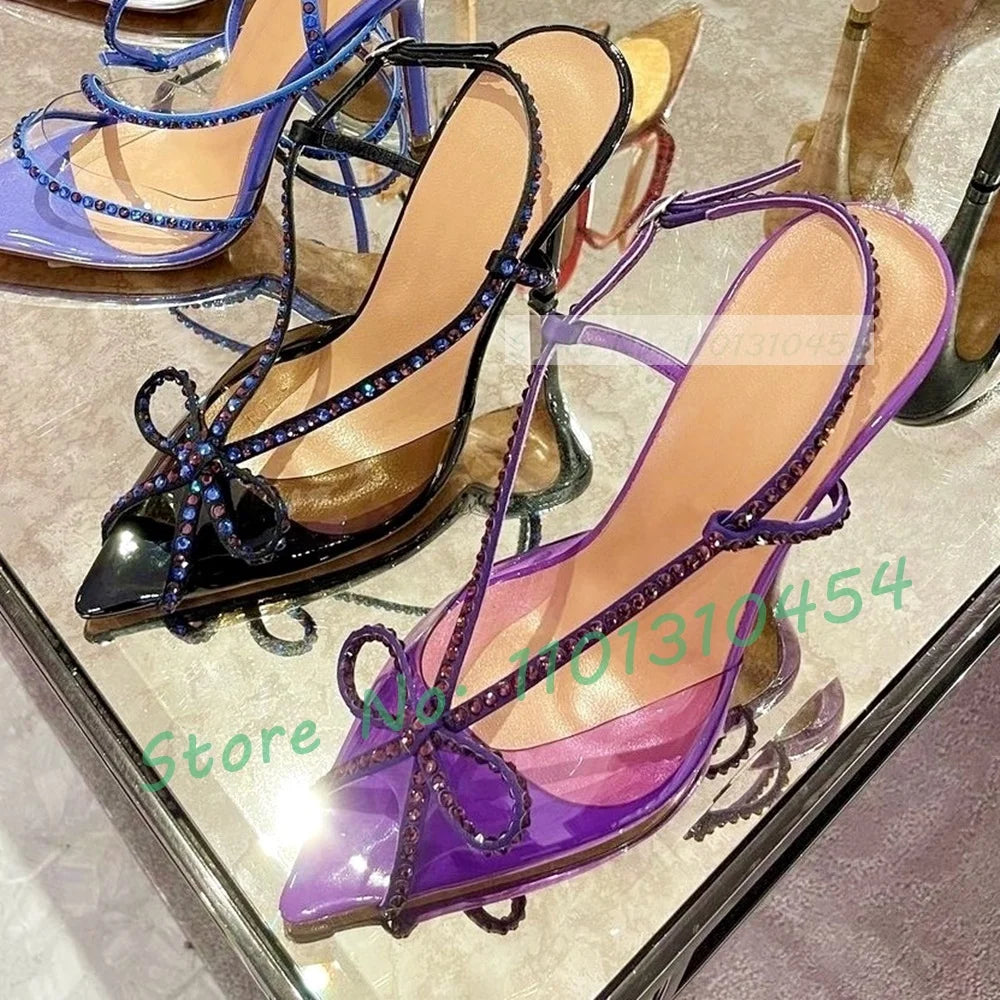 Crystal Bow Slingback Sandals Women Sweet Luxury See-through Pvc High Heels Shoes Summer Peep Toe Elegant Party Clear Pumps