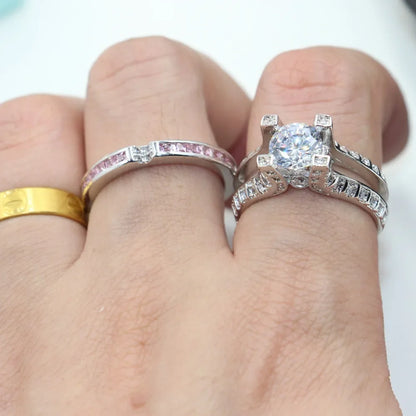 14K White Gold Vintage Lovers Grown Pink Diamond Ring Set Engagement Wedding Rings for Women Men Jewelry