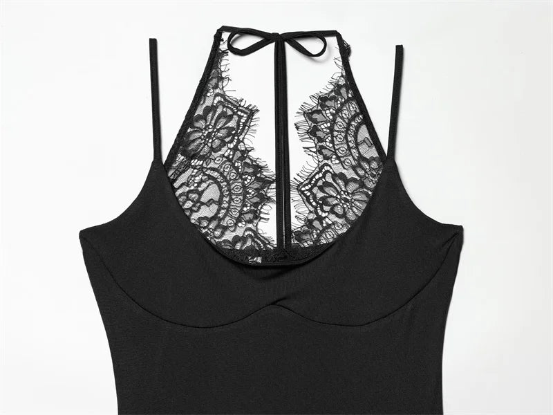 Women's Bodysuit 2026 New Fashion Summer Black Spliced Lace Bodysuit for Women Elegant Chic Personality Spaghetti Strap Bodysuit