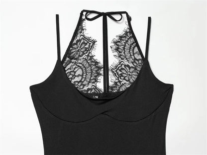 Women's Bodysuit 2026 New Fashion Summer Black Spliced Lace Bodysuit for Women Elegant Chic Personality Spaghetti Strap Bodysuit