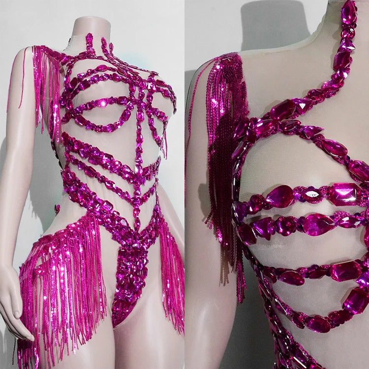 Sexy See-through Glitter Red Crystal Fringe Bodysuit High Elasticity Drag Queen Costume Festivals Outfit NightClub Dance Outfits