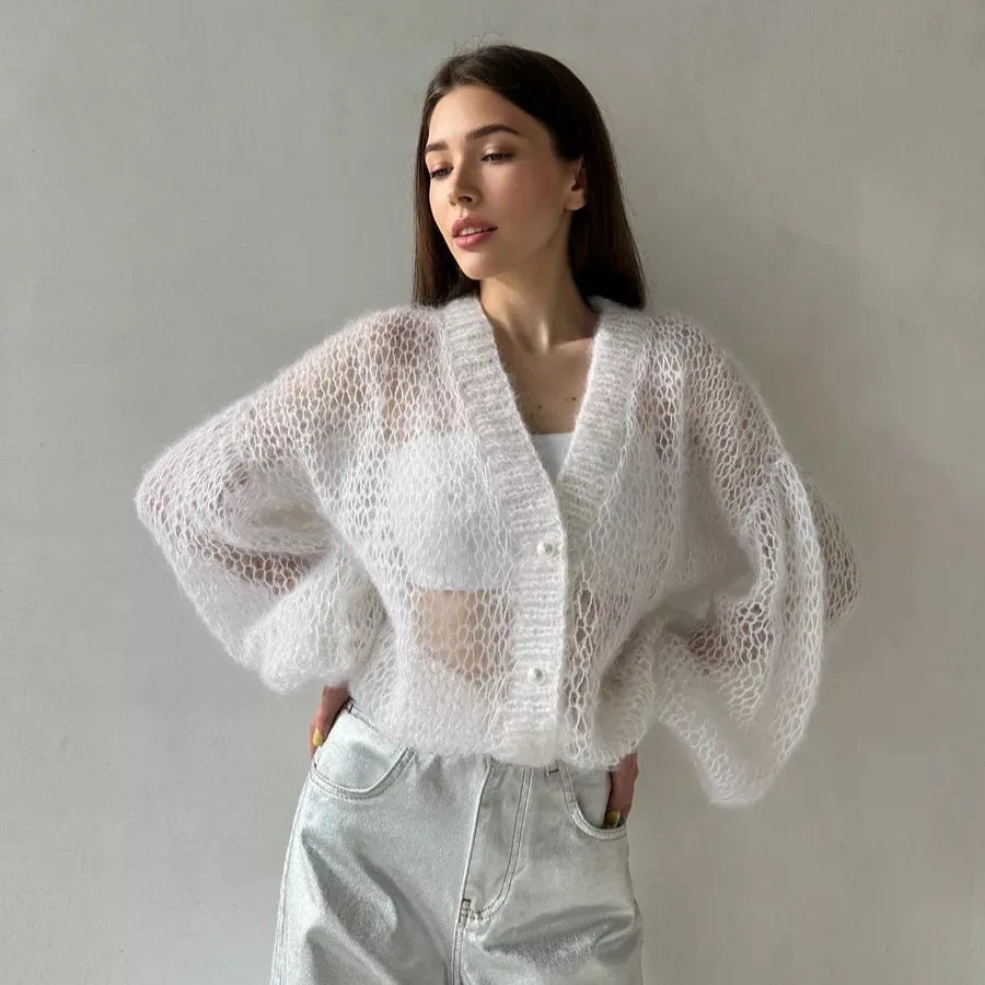Women Knitting Cardigan 2026 New Women Mohair Knit Cardigan Hollow Out Sheer Long Sleeve Casual Knitted Outerwear Sweater