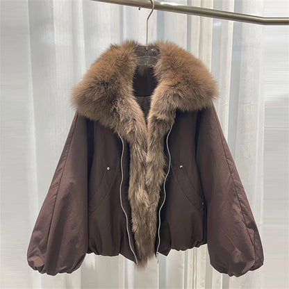 Women Winter Fox Fur Collar Short Puffer Jacket White Duck Down Thick Warm Loose Fit Parka Luxury Fashion Casual Outerwear Coat