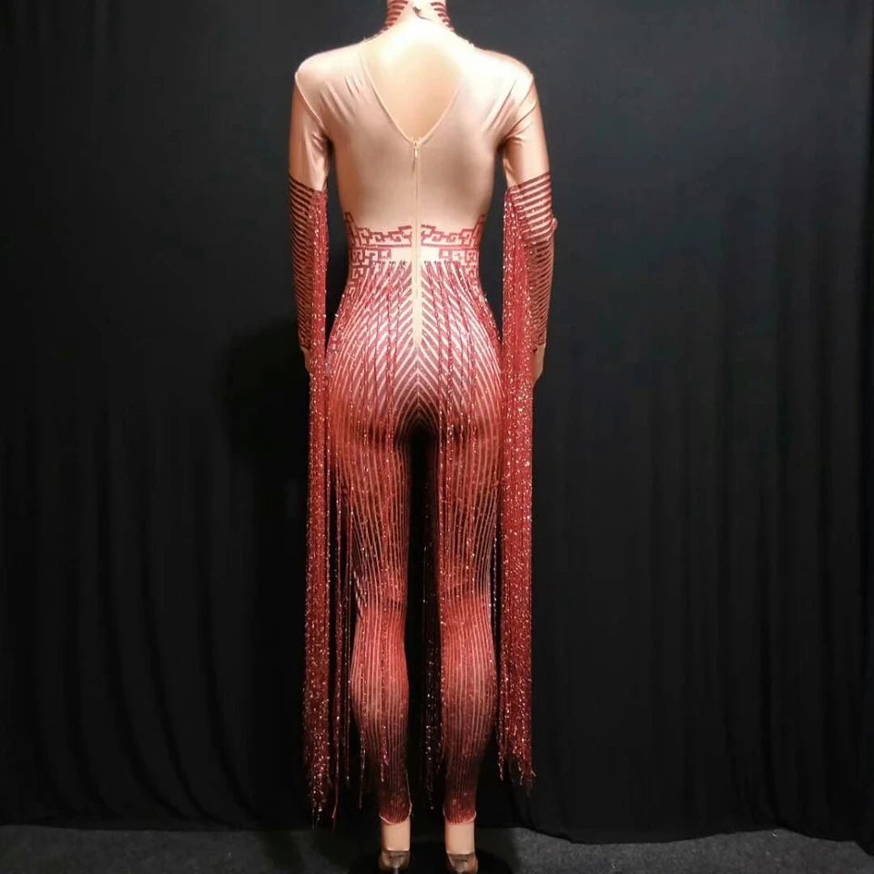 Shining Rhinestone Red Fringe Jumpsuits Women Long Sleeve Stretch Leotard Nightclub Singer Pole Dance Stage Wear Tassel Costume