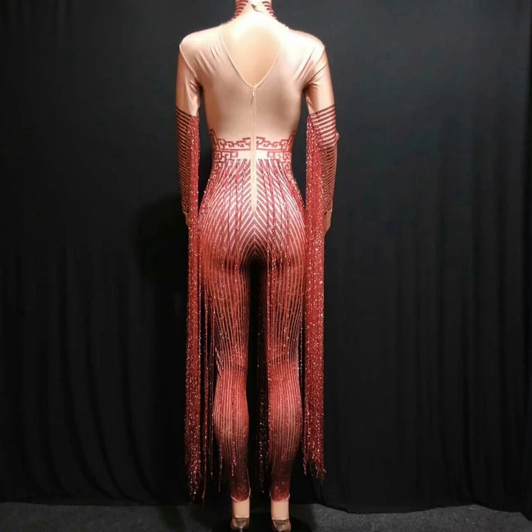 Shining Rhinestone Red Fringe Jumpsuits Women Long Sleeve Stretch Leotard Nightclub Singer Pole Dance Stage Wear Tassel Costume