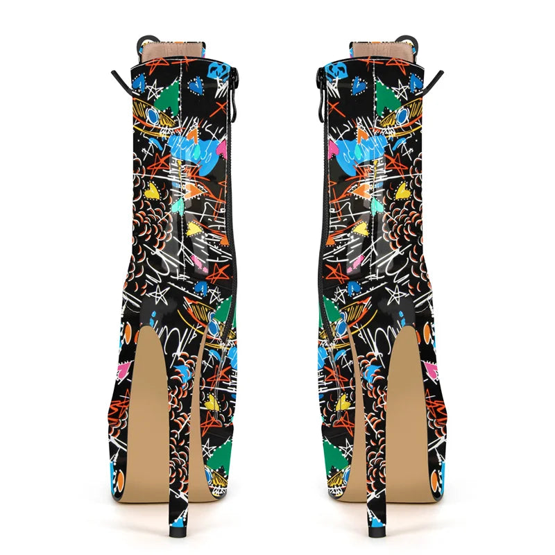 Onlymaker Women Round Toe Platform Lace-up Stiletto Printed Side Zipper Stiletto High Heel Ankle Boots