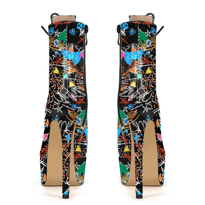 Onlymaker Women Round Toe Platform Lace-up Stiletto Printed Side Zipper Stiletto High Heel Ankle Boots
