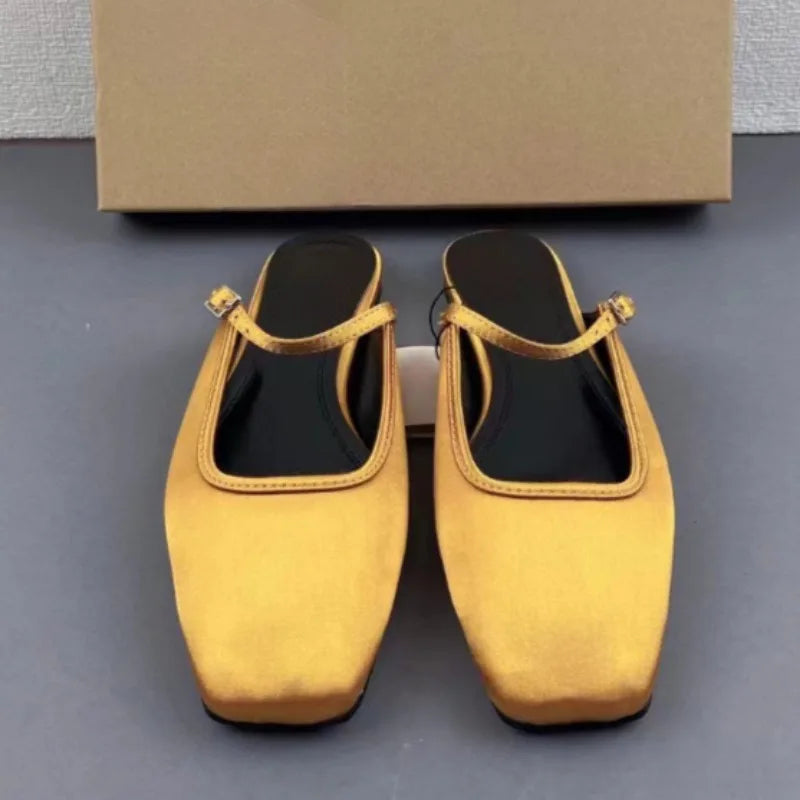 2025 Summer Mules Shoes for Women Luxury Slik Fashion Solid Square Toe Casual Lady Flat Sandals New Design Slingback Footwear