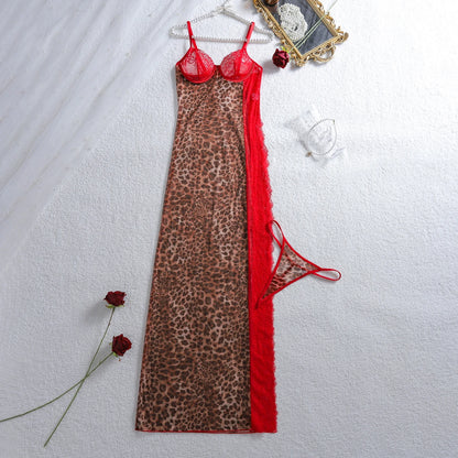 European and American Cross border 2026 Fashion High slit Strap Splicing Leopard Pattern Perspective Lace Sleeping Skirt Set