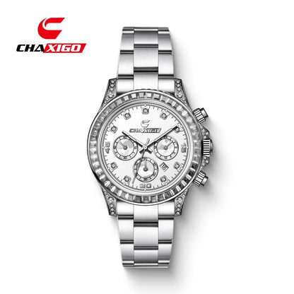 CHAXIGO 300 Diamond Studded Multi Functional Men's Quartz Watch Business Timing Steel Belt Light Luxury Calendar Watches for Man