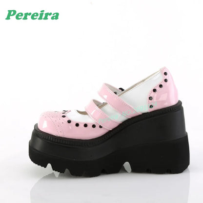 Pink Patchwork Multi-Buckled Ankle Boots Round Toe Gothic Thick Soled Shallow Women's Boots Autumn Summer Cutout Punk Shoes Sexy