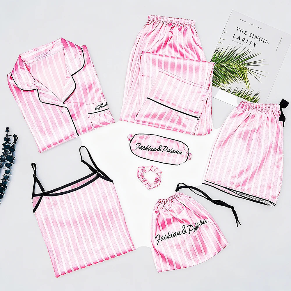 Women's Plus Size 7 Piece Soft Smooth Rayon Pajama Set, V-Neck Loungewear, Pink Striped Sleepwear