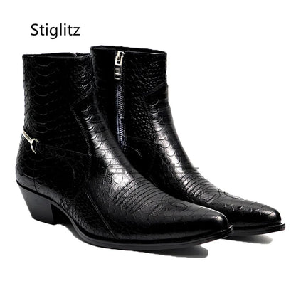 Genuine Leather Embroidery Men's Boots Pointy Chelsea Boots Snakeskin Metal Decor Chunky Heeled Ankle Boots Party Male Shoes