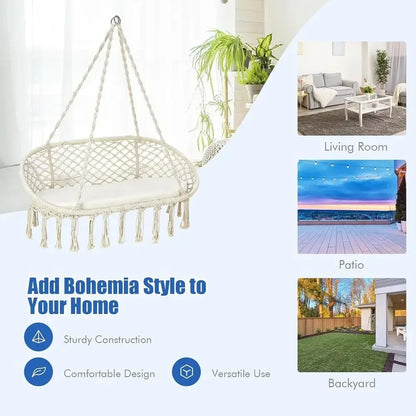 2-Seat Hammock Chair with Cushion, Cotton Ropes, and Metal Stand,440 lbs, Ideal for Indoor or Outdoor Swinging