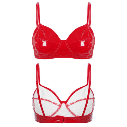 Womens Sexy Belly Dancing Clubwear Wetlook Glossy Patent Leather Bra Top Lingerie Nightclub Rave Outfit Pole Dance Bra Brassiere