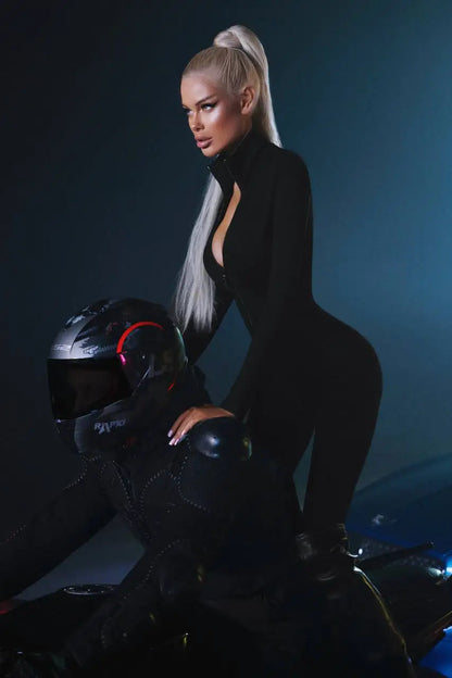New 2026 Motorcycle Suit Jumpsuit Women Solid Turtleneck Zipper Slim Stretchy Long Sleeve Pencil Pants Rompers Moto Biker 65012