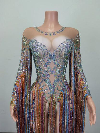 Fashion Rhinestone Tassel Rompers Women One Piece Jumpsuits Sexy Women Party Prom Stage Performance Dance Leotard Club Bodysuits