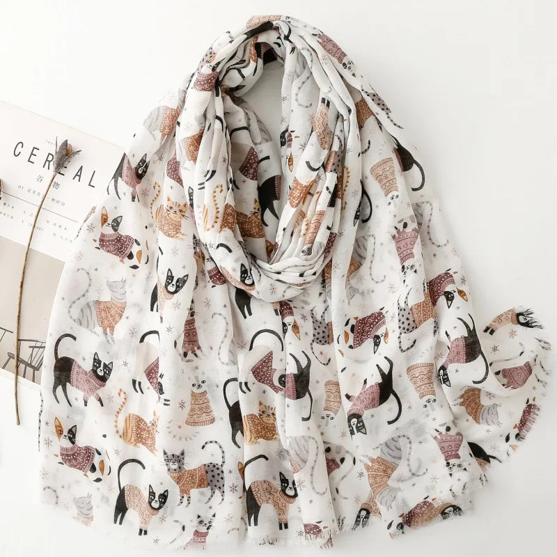 Cozy Dachshund Dog Cat Pattern Viscose Shawl for Women - 180x90Cm Fringe Detail Breathable Thin Wrap Scarves Autumn/Winter Snood