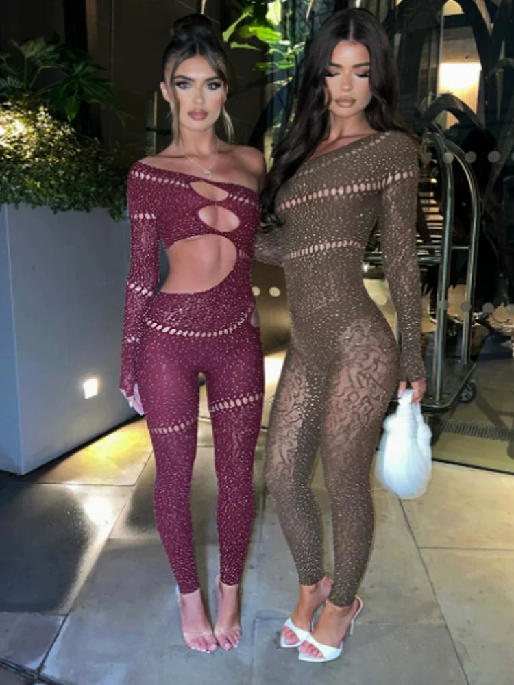 Whatiwear Rhinestones Patchwork Jumpsuit Women Sexy Hollow Skew Collar Single Sleeve Hottie Midnight Club Party Coquett Overalls
