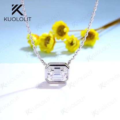 Kuololit 2CT Emerald cut Moissanite Necklaces For Women Solid 925 Sterling Silver Bezel set Necklace for Engagement Bridal Gift