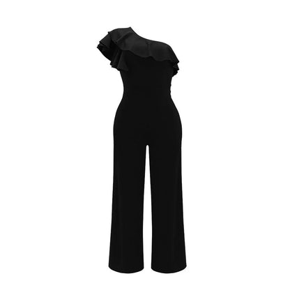 Casual Women's Solid Color Jumpsuits Summer Oblique Collar Black Ears High Waist Wide-leg Pants Fashionable Summer Jumpsuits