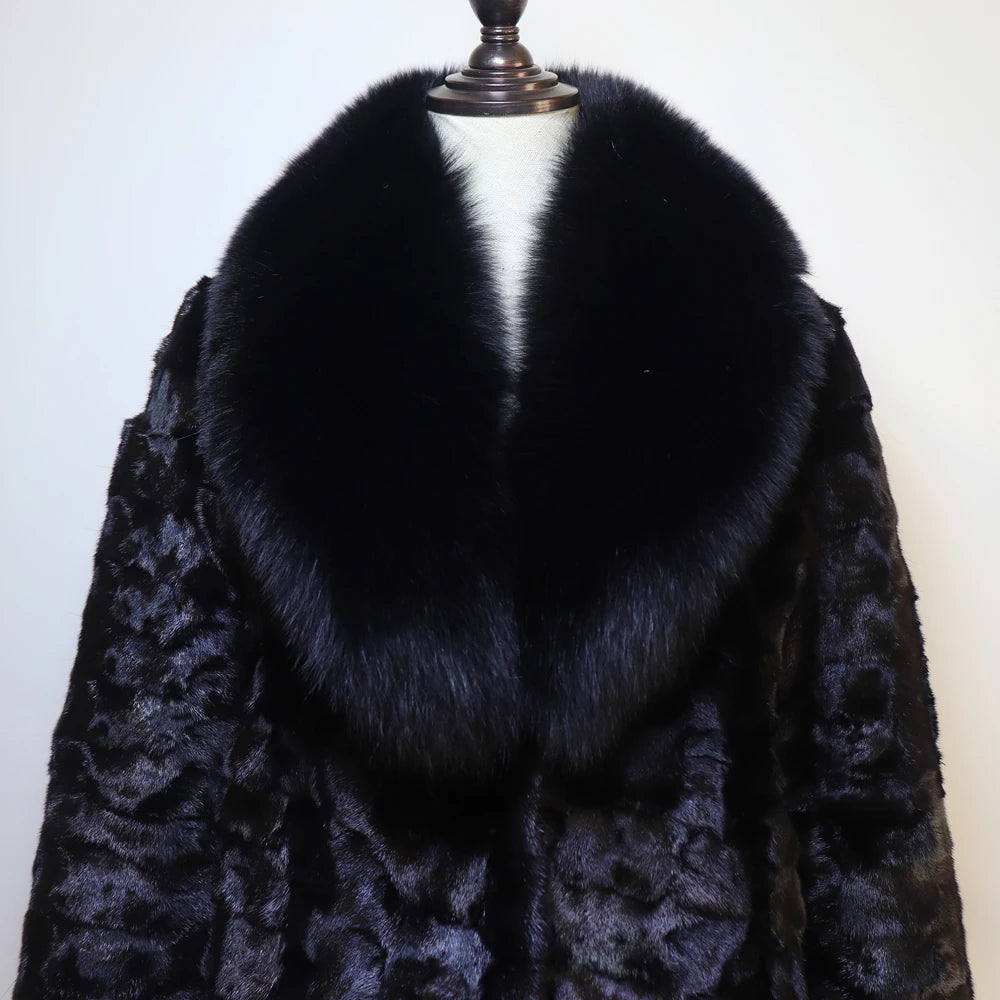 New Women Winter Real Fur Coat Warm Fashion 100% Natural Mink Fur Jacket with Fox Fur Collar Lady Thick Real Mink Fur Overcoat