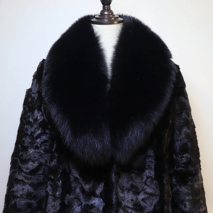 New Women Winter Real Fur Coat Warm Fashion 100% Natural Mink Fur Jacket with Fox Fur Collar Lady Thick Real Mink Fur Overcoat