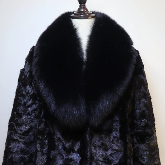 New Women Winter Real Fur Coat Warm Fashion 100% Natural Mink Fur Jacket with Fox Fur Collar Lady Thick Real Mink Fur Overcoat