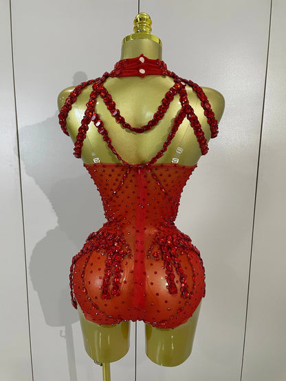 Luxury Sparkly Red Rhinestones Mesh Stretch Bodysuit Women Birthday Party Nightclub Bar Singer Dancer Performance Stage Costume