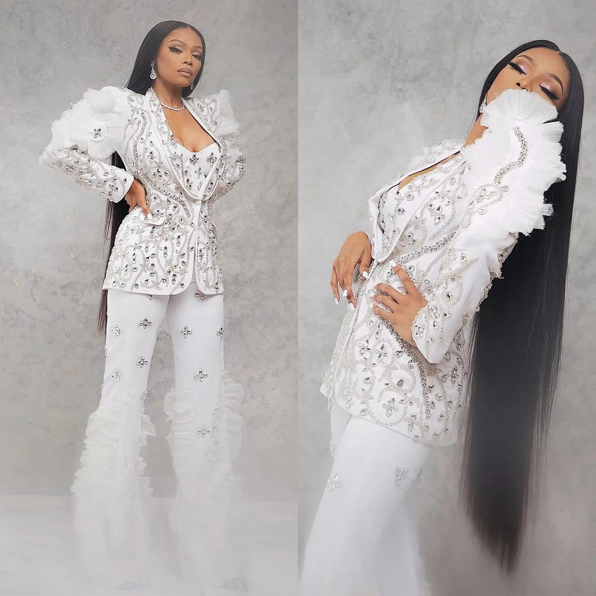 Sexy V Neck Crystal Women Blazer Suits 2 Pieces Beading Appliques Ruffle Jacket Customized Wide Leg Pants Celebrity Party Dress