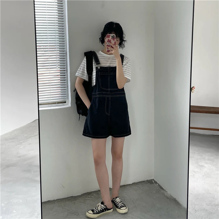 Women's Denim Overalls Short Trousers Wide Leg Loose Fit Thin Jumpsuit Korean Style for Petite Ladies Casual Clothing