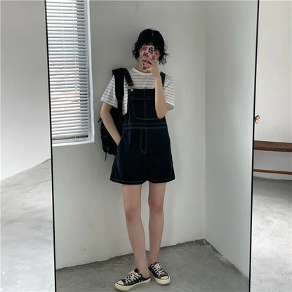 Women's Denim Overalls Short Trousers Wide Leg Loose Fit Thin Jumpsuit Korean Style for Petite Ladies Casual Clothing