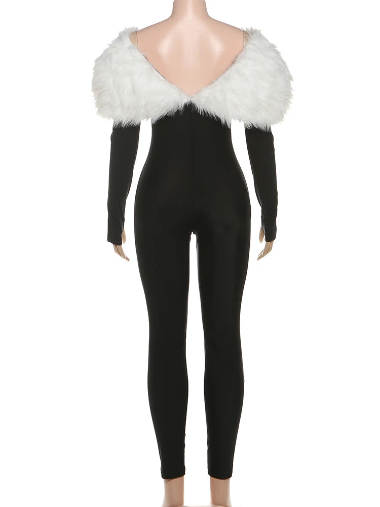 Weird Puss Furry Slash Neck Jumpsuits Woman Luxury Hipster Patchwork Trend Sexy Hollow Stretch Fitness Club Activity Overalls