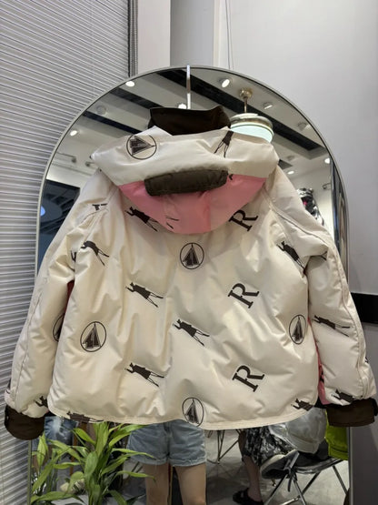 Winter Patchwork Hooded Parkas Jacket Women White Duck Down Puffer Thicken Jacket Women Double Pocket Loose Short Outwears Coat