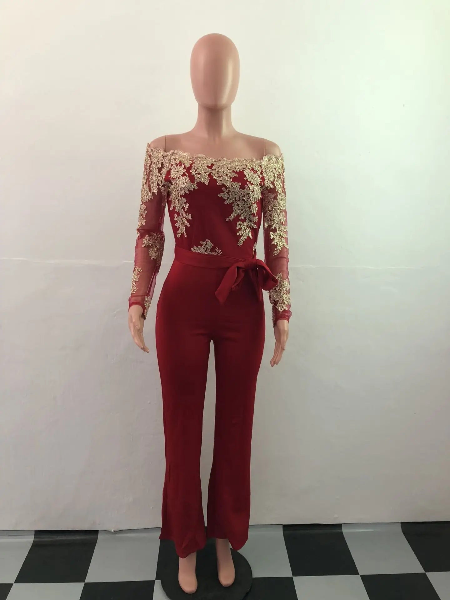 Womens Elegant Off Shoulder Long Pants Wide Leg Jumpsuits Floral Embroidery Lace See Through Cocktail Club Party Evening Rompers
