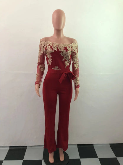 Womens Elegant Off Shoulder Long Pants Wide Leg Jumpsuits Floral Embroidery Lace See Through Cocktail Club Party Evening Rompers
