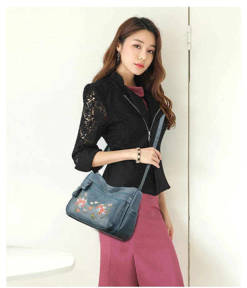Embroidery Flowers Shoulder Messenger Bag Female Handbags Luxury Designer Purses Soft PU Leather Crossbody Women's Evening Bag